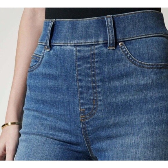 SPANX VINTAGE INDIGO FLARE Wide Leg Blue Denim pull-on Jeans Stretch Size L - Picture 4 of 9
